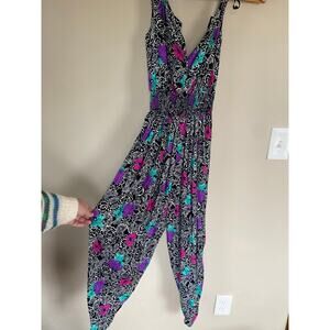 Vintage colorful floral sleeveless jumpsuit En Focus womens XS